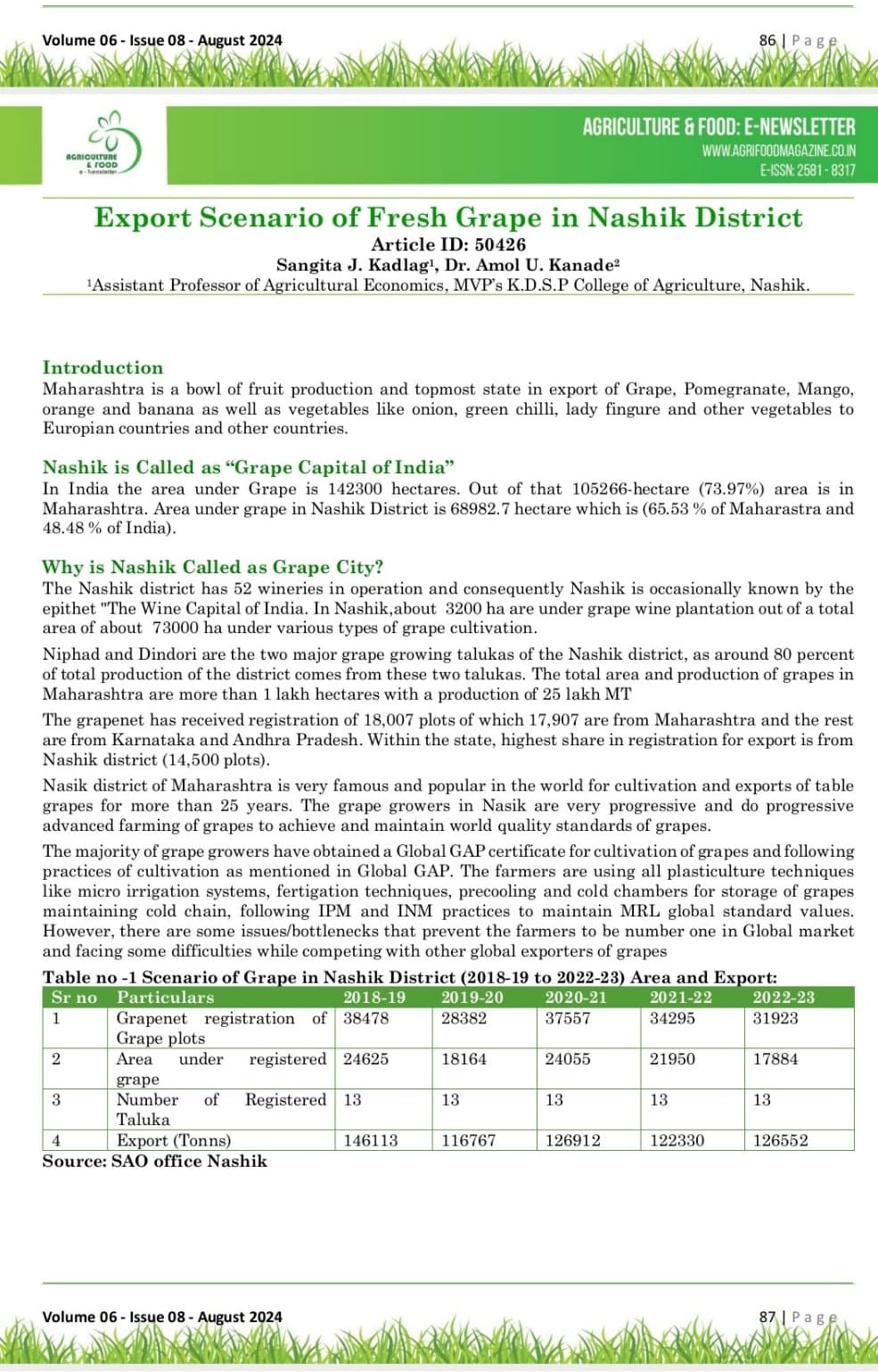 Prof. S. J. Kadlag and Dr. A. U. Kanade’ s Article on “Export Scenario of Fresh Grapes in Nashik District”