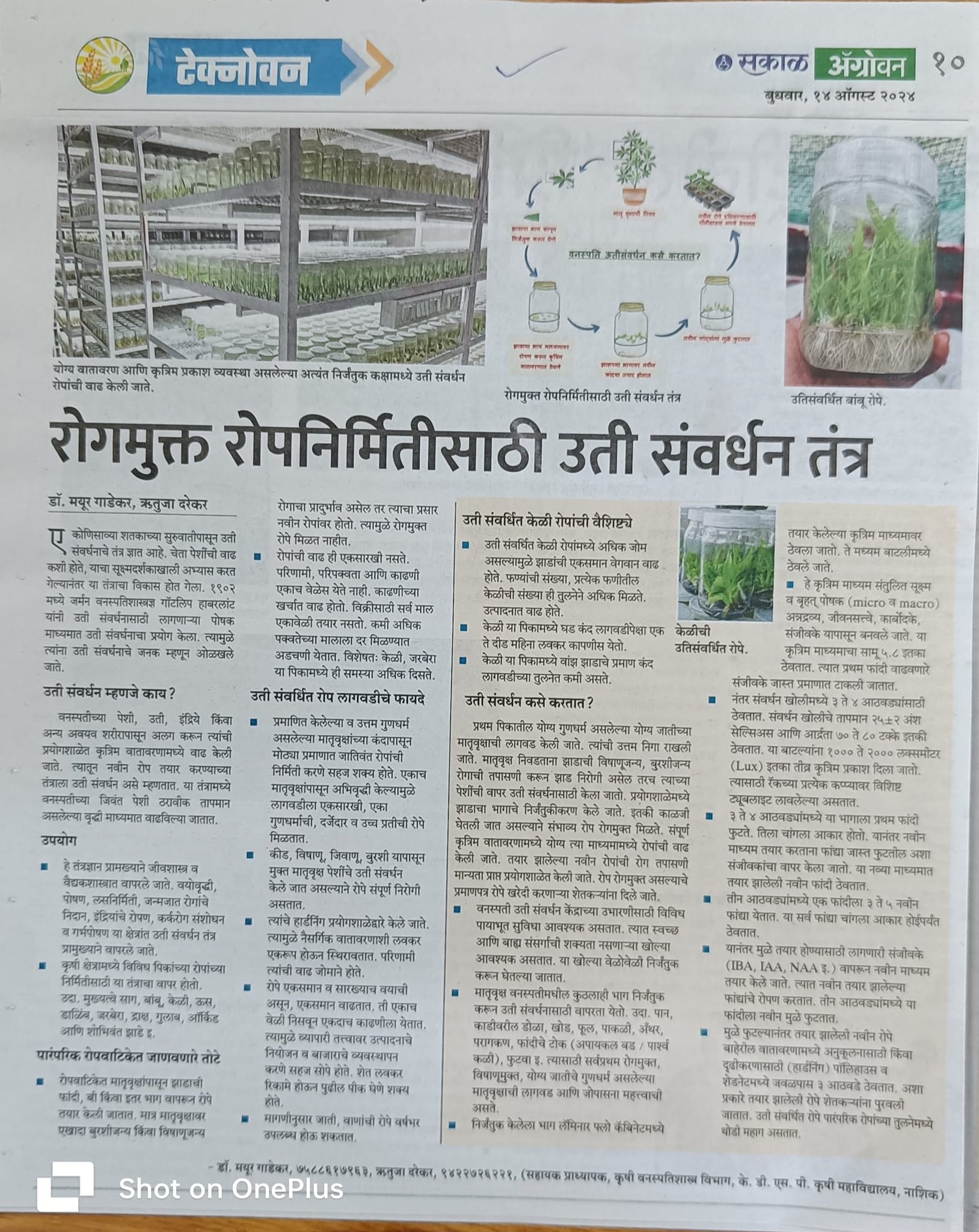 Dr. M. S. Gadekar and Prof. R. D. Darekar’s article in Agrowon on “रोगमुक्त रोपनिर्मितीसाठी उती संवर्धन तंत्र”