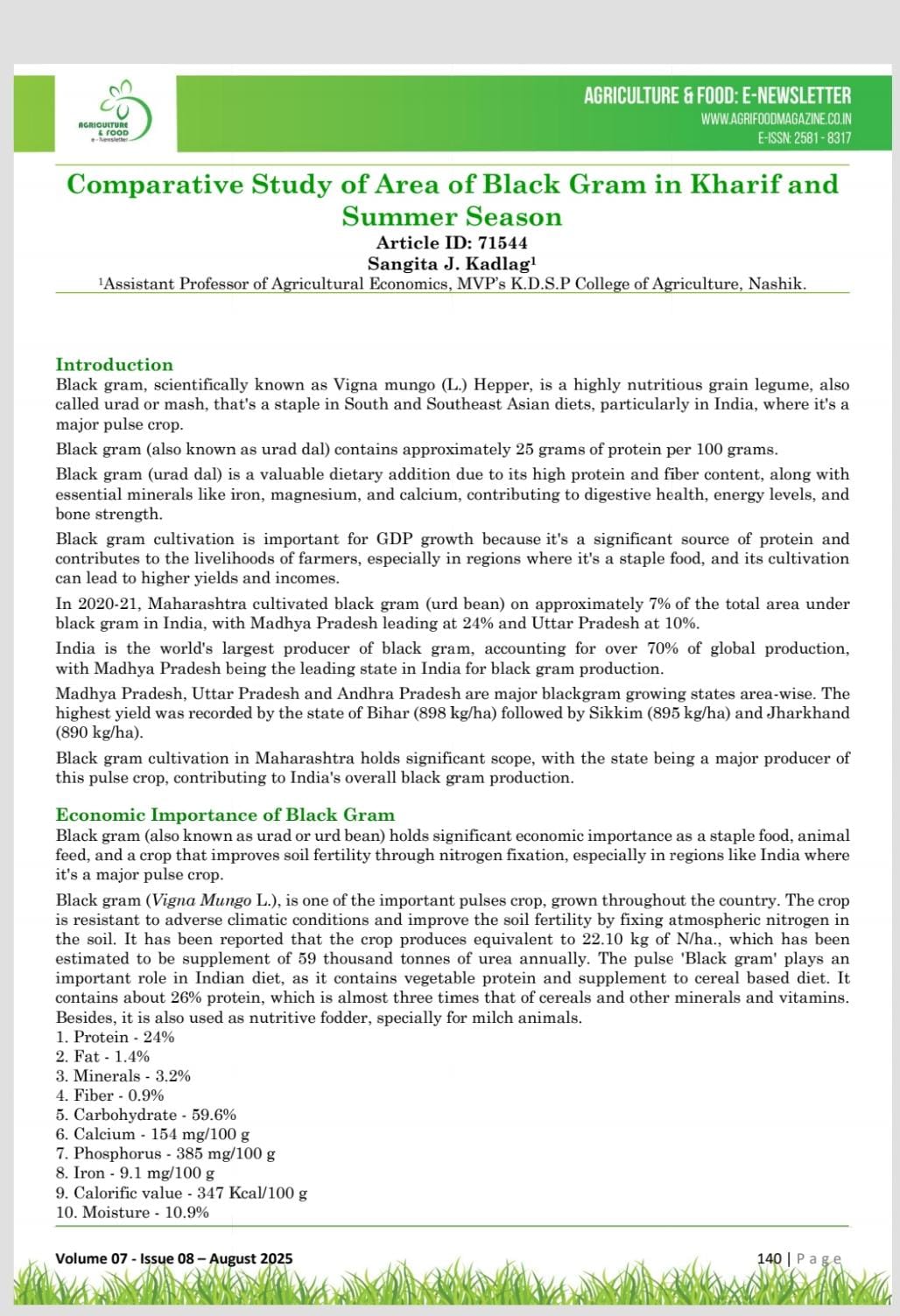 Prof. S. J. Kadlag’s Article on “Comparative study of Area of Black Gram in Kharif and Summer Season”